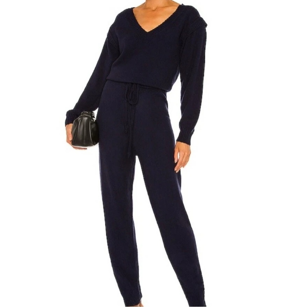 Central Park West Blue Knit Jumpsuit with V-Neck and Tapered Legs - Size Large